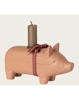 Kerzenständer aus Holz, Schwein, Medium - Rosa