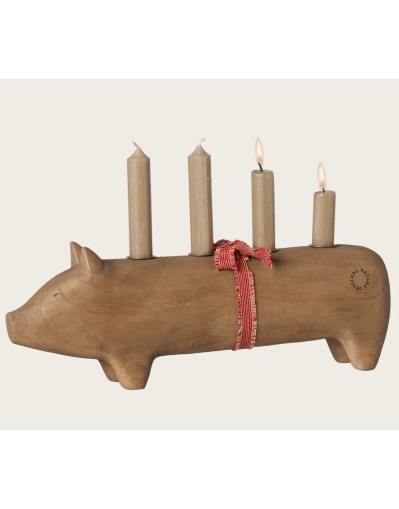 Holzkerzenhalter, Schwein, Advent groß – Natur